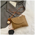 Vintage straw woven crossbody bag in light brown with leather strap and plush pompom charms - Light Coffee