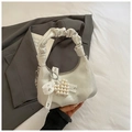 Chic pleated handle dumpling bag in pearl white with heart charm and bow detail - White (With Charm)