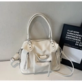 Retro cream white large capacity crossbody bag with lychee texture and silver hardware - Off White