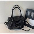 Retro black litchi pattern large capacity shoulder bag with silver zippers and rivets - Black