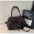 Vintage dark brown textured leather crossbody bag with silver hardware and dual straps - Brown