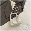 White ruched dumpling bag with scrunchie handle and stylish metal chain strap - White (Without Charm)