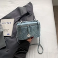 Light blue quilted denim box bag with silver studs and rose zipper charm detailing - 18*9*12 / Blue