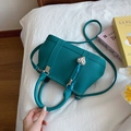 French style lime green lychee grain leather crossbody bag with silver heart charm - Teal