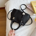 French style black lychee grain handbag with silver heart charm and long crossbody strap - Black