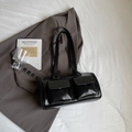 Minimalist black glossy leather underarm tote bag with functional double front pockets - Black