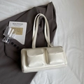 Minimalist cream white underarm tote bag with front flap pockets and stylish shoulder straps - White