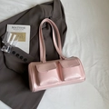 Pink cylinder underarm bag with double front pockets and glossy leather finish - Pink