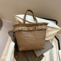 Borsa tote in paglia intrecciata marrone chiaro con nappe a frangia e manici in pelle - Cachi