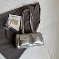 Minimalist silver metallic underarm tote bag with front flap pockets and slim straps - Silver