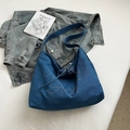 Blauwe denim shopper met strass letters en trekkoord sluiting voor dames - Donkerblauw
