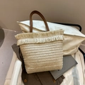 Borsa tote beige in paglia intrecciata con nappe e manici in pelle marrone per l'estate - Bianco