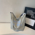Light gray canvas tote bag with letter print, blue checkered lining and bow tie closure - Gray