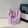 Pink canvas tote bag with blue letters and checkered lining in minimalist Korean style - Pink