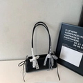 Chic black litchi pattern underarm bag featuring decorative lace and plaid bows - With Charm / Black