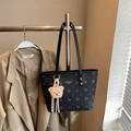 Large black printed tote bag with deer pattern and plush bear charm for college style - Black with Pendant