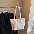 Cream white tote bag with deer pattern and plush bear charm for daily fashion - Cream White With Pendant