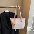 Beige tote bag with deer print, long shoulder strap and cute teddy bear charm - Pink with Pendant