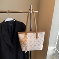 Cream tote bag with deer print, brown leather handles and cute plush bear keychain - Brown with Pendant