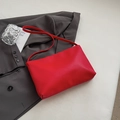 Minimalist red underarm tote bag in lychee texture faux leather with long strap - No Pendant / Red