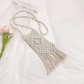 Handmade cream macrame mini crossbody bag with boho tassels and woven strap - Off White