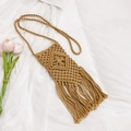 Handmade khaki crochet shoulder bag with bohemian tassels and macrame diamond pattern - Khaki