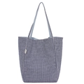 Grande borsa tote a quadretti blu navy in tela con sottili spalline e logo laterale - Vista Frontale / Blu scuro