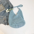 Light blue knit hollow shoulder bag with mesh weave and casual summer tote design - Blue with Pendant