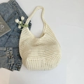Creamy white summer crochet tote bag with hollow woven patterns for beach use - White With Pendant