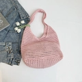 Pink handmade crochet tote bag with hollow woven design for summer beach outings - Pink With Pendant