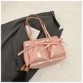 Pink bow shoulder bag with pleated texture and double pockets for stylish women - Pink