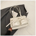 Chic cream white pleated shoulder bag with bow accents and dual front pockets - White
