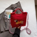 Rote Canvas-Beuteltasche mit Dackel-Stickerei und bunten geflochtenen Schultergurten - Rot