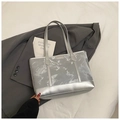 Minimalist silver metallic tote bag with marble texture finish and slim shoulder straps - Silver No Pendant