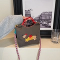 Brown canvas bucket bag with cute dachshund puppy embroidery and colorful strap - Gray