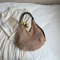 Brown woven tote bag with colorful flower detail and black shoulder strap for summer - Khaki