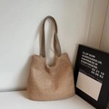 Handmade hollow cotton rope woven tote bag in beige with brown shoulder straps - Khaki