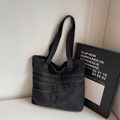 Borsa tote in denim grigio scuro con design a tasche di jeans e grande capienza - Nero