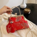 Bolso de fiesta rojo vintage con bordado chino de flores de ciruelo y perlas - Rojo