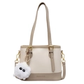 Chic two-tone bucket bag in cream and light brown leather with a cute plush pendant - Off White