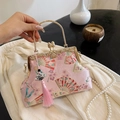 Bolso vintage rosa con bordado de cerezo y correa de perlas de estilo oriental - Rosa