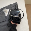 Mini black glossy backpack with bow and lace trim details for fashionable women - Black