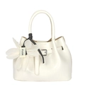 Chic ivory pleated bucket bag with faux crocodile texture and white flower charm - With Pendant / White