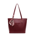 Sac fourre-tout en cuir rouge foncé pour femmes avec foulard décoratif et poche avant - Rouge Vin - Style Foulard avec Poche Plaquée (29-2)