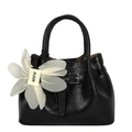 Schwarze Handtasche mit Kroko-Prägung, weißem Netzblumen-Anhänger und silberner Schnalle - Mit Anhänger / Schwarz