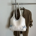 Sweet white shoulder tote bag with blue scallop trim and cute ribbon accents - White