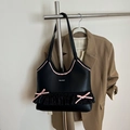Black sweet style shoulder bag with pink bows and ruffled hem detailing for women - Black