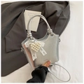 Metallic silver bucket bag with pearl heart charm and elegant ribbon for women - Silver