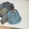 Light blue crochet mesh tote bag with brown leather shoulder straps for summer beach - Blue