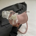 Pink pleated handbag with pearl heart charm and lace bow detail for summer - Pink
